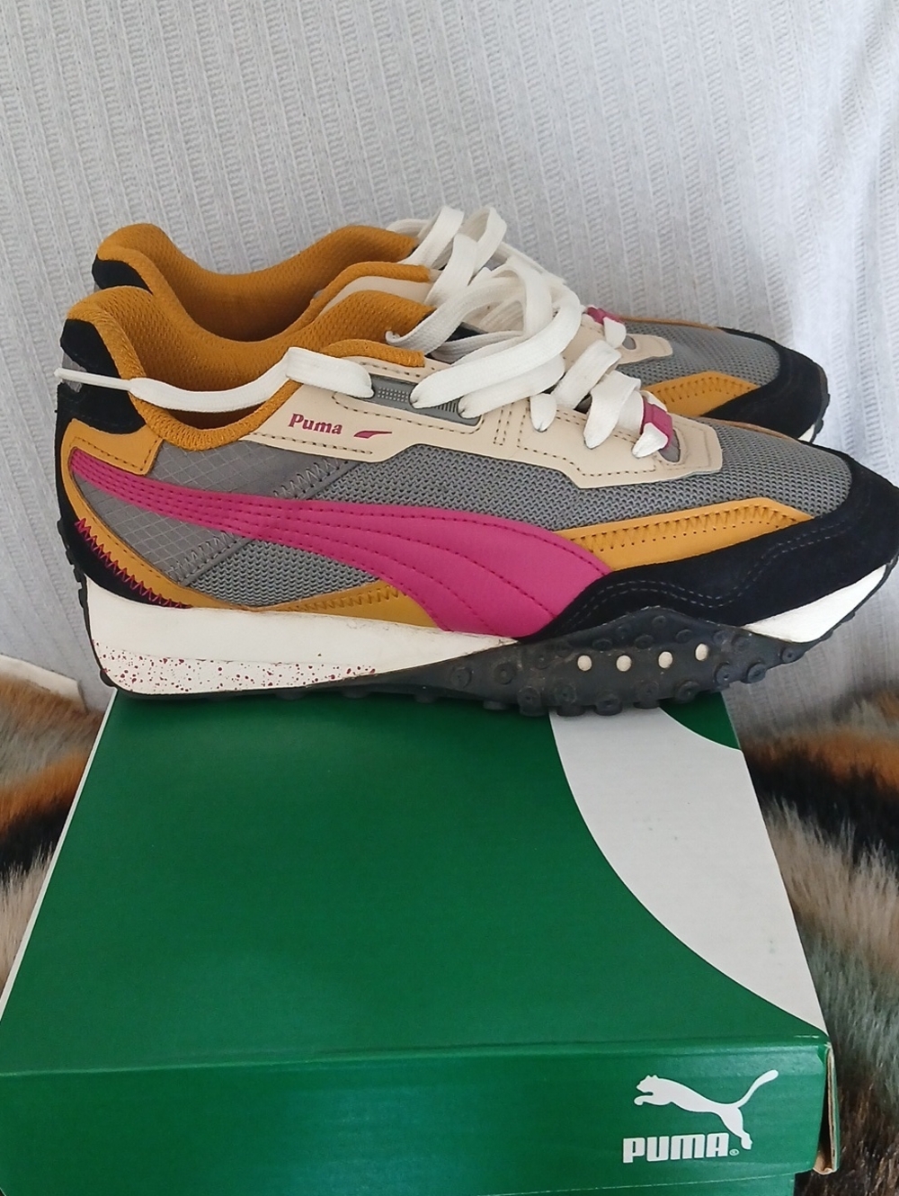 Puma Gray Sneakers, Pink, Cream and Mustard Accents